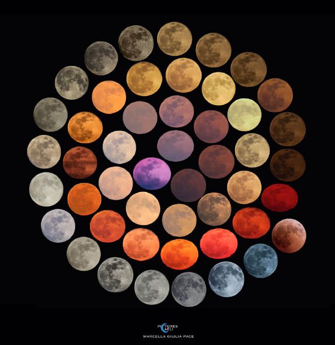 The featured image shows many images of a full moon as it
appears on Earth. The colors of the images are seen to range
from red to yellow to brown and blue.
Please see the explanation for more detailed information.